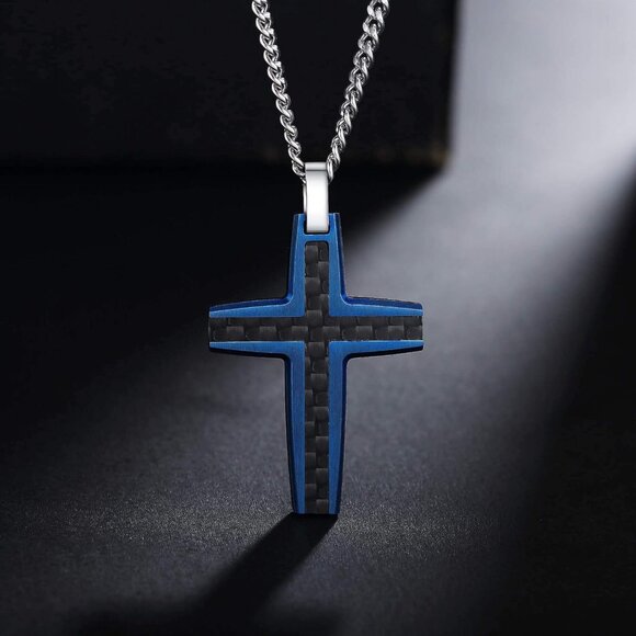 Men's Stainless Steel Two-Tone Black & Blue Carbon Fiber Cross Necklace - Picture 2 of 7